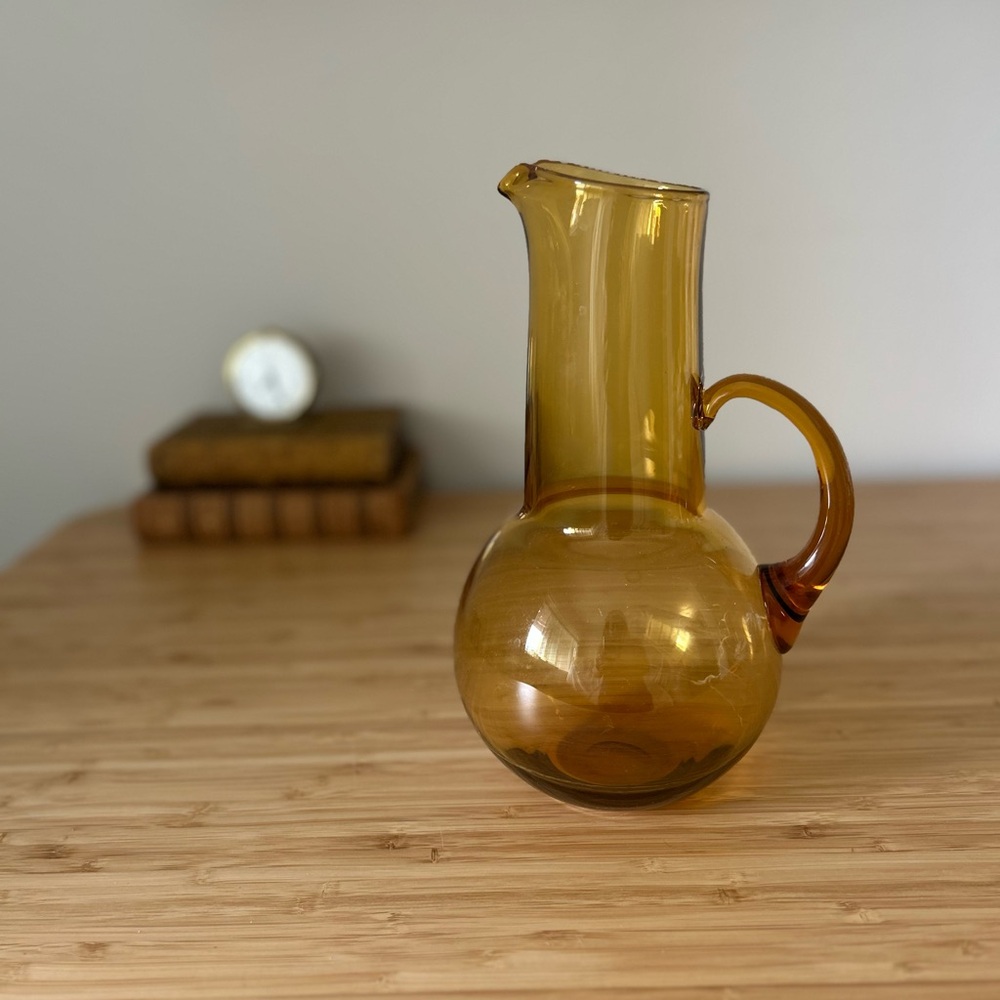 Vintage Hand Blown Amber Glass Pitcher Mid Century